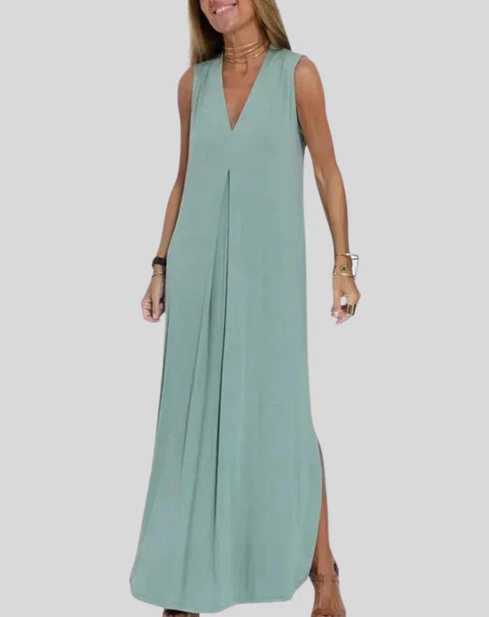 Women's Casual Long V-neck Dress with Slit | Ideal for Spring/Summer