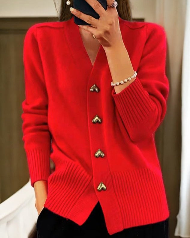 Elegant Heart Button Cardigan Sweater - Soft Comfort & Flattering Fit