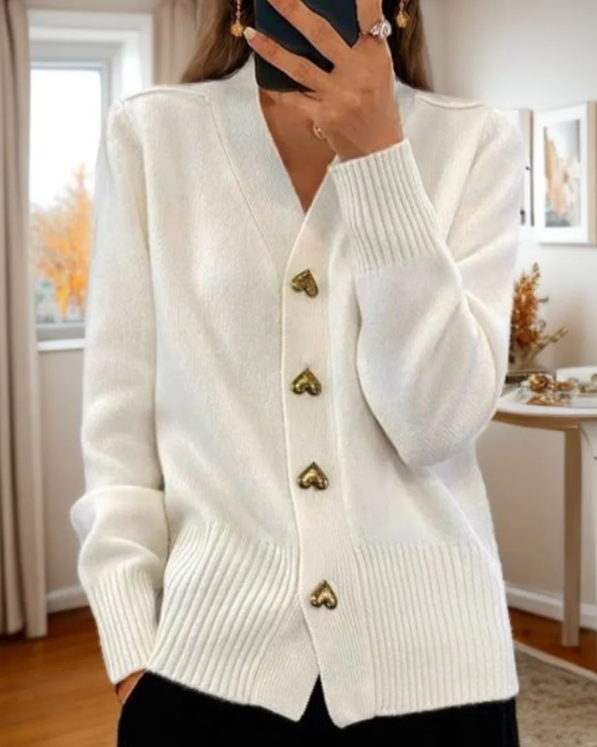 Elegant Heart Button Cardigan Sweater - Soft Comfort & Flattering Fit