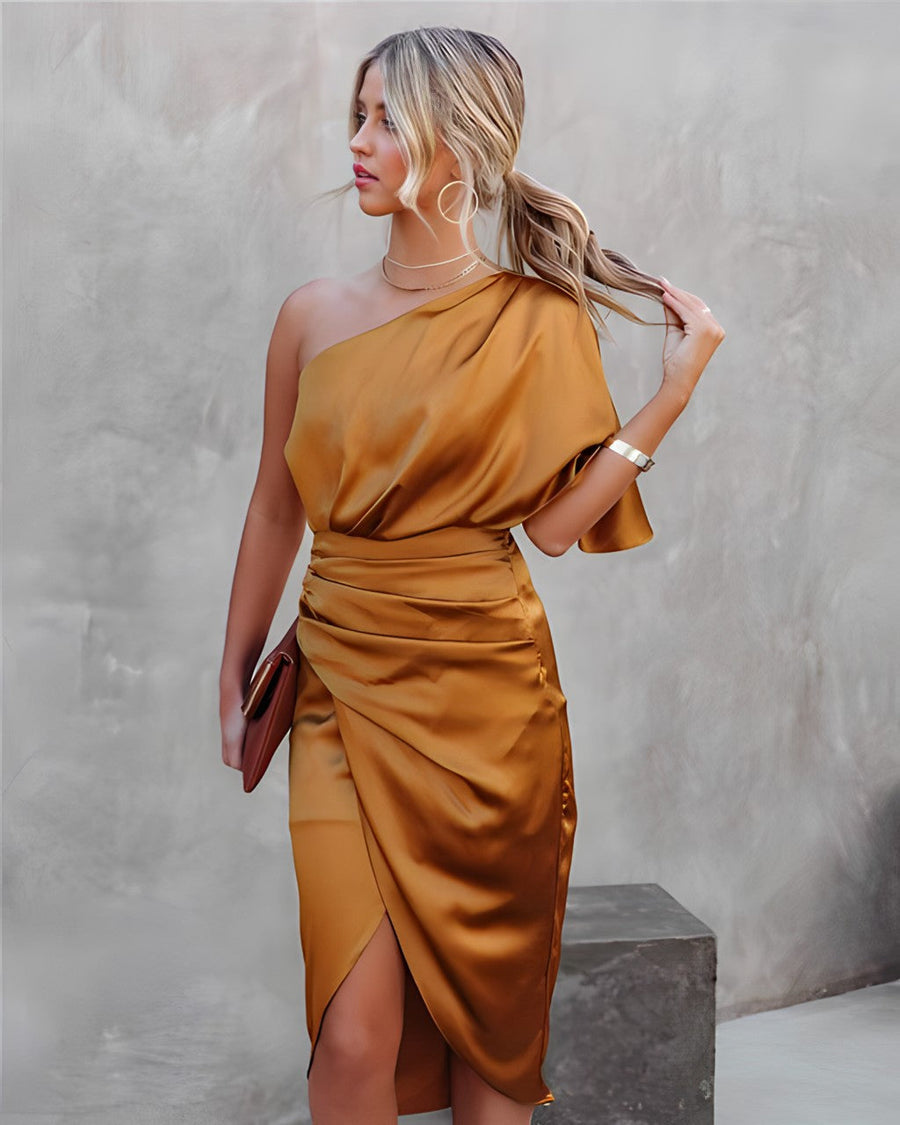 Glenys - Silk One-Shoulder Cocktail Midi Dress for Women