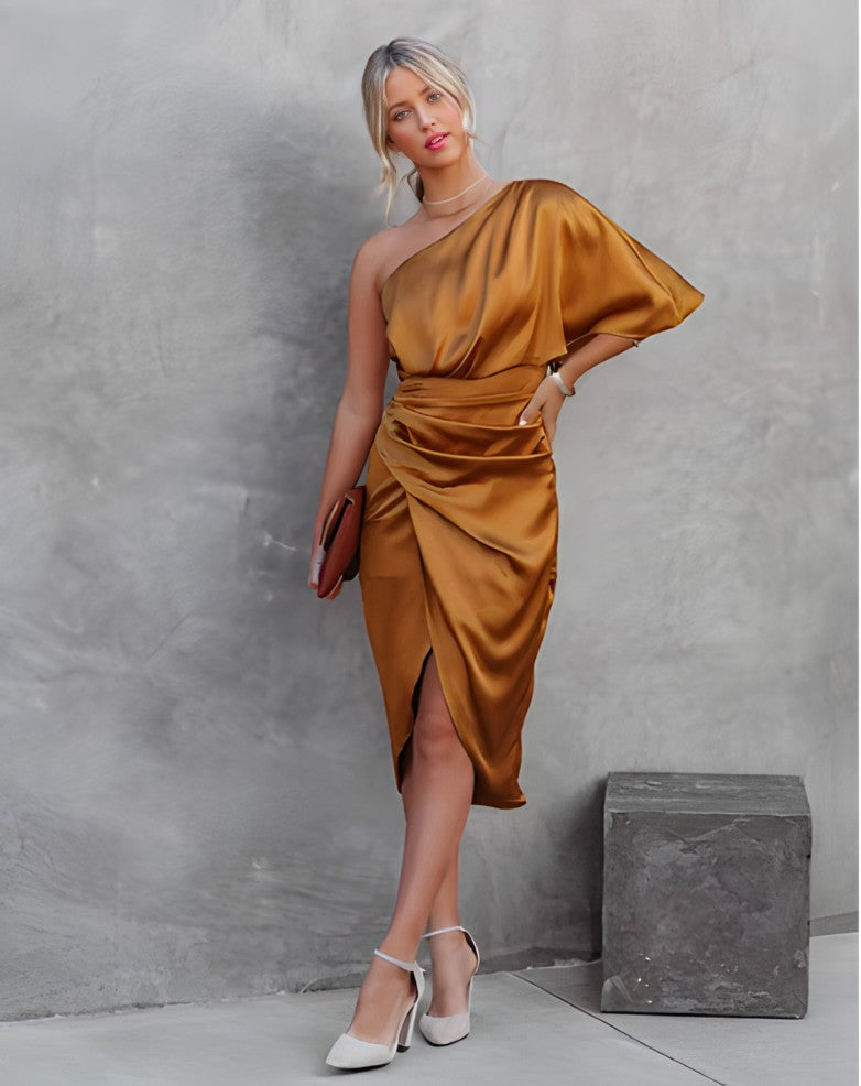Glenys - Silk One-Shoulder Cocktail Midi Dress for Women