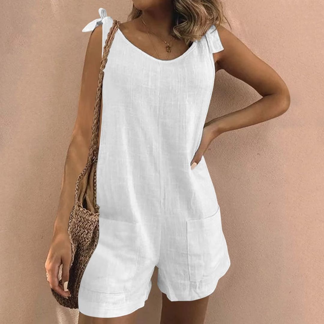 Women’s Casual Jumpsuit – Tie-Shoulder Romper with Pockets