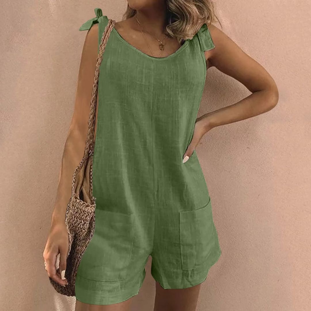 Women’s Casual Jumpsuit – Tie-Shoulder Romper with Pockets