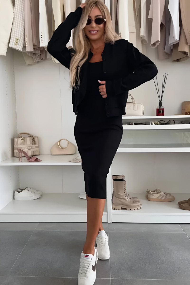 Women's Two Piece Cardigan Dress Set - Flattering Midi Dress & Cardigan for Versatile Style