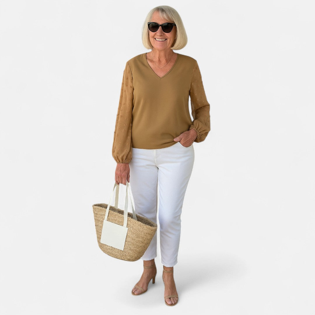 Women's Airy Blouse with Sheer Sleeves for Summer Tops