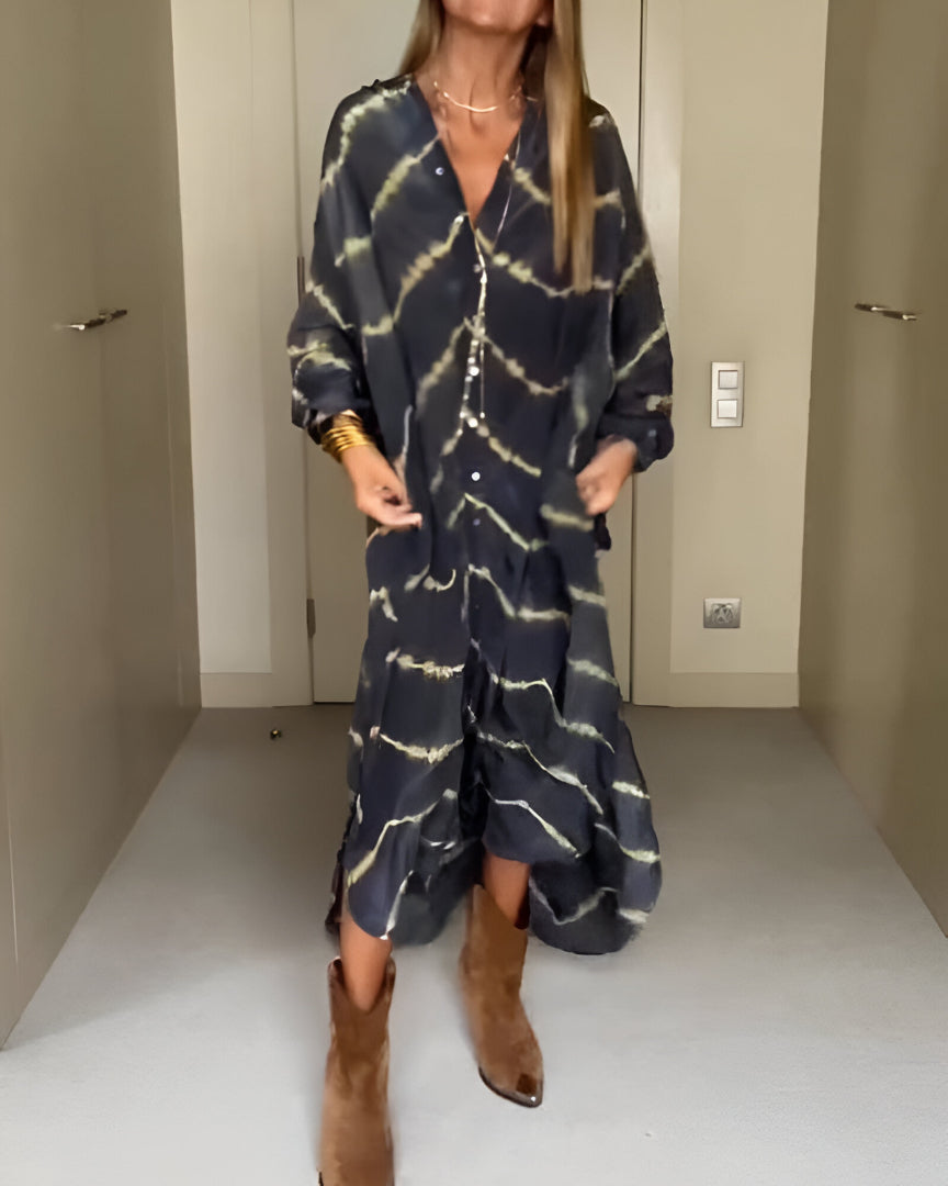 Women's Bohemian Maxi Dress with V-Neck and Long Sleeves for Summer
