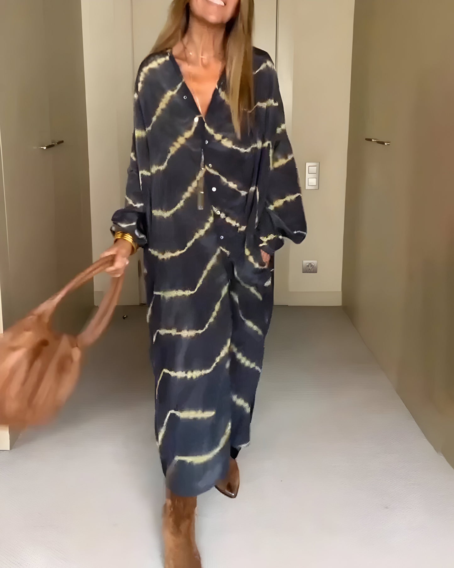 Women's Bohemian Maxi Dress with V-Neck and Long Sleeves for Summer