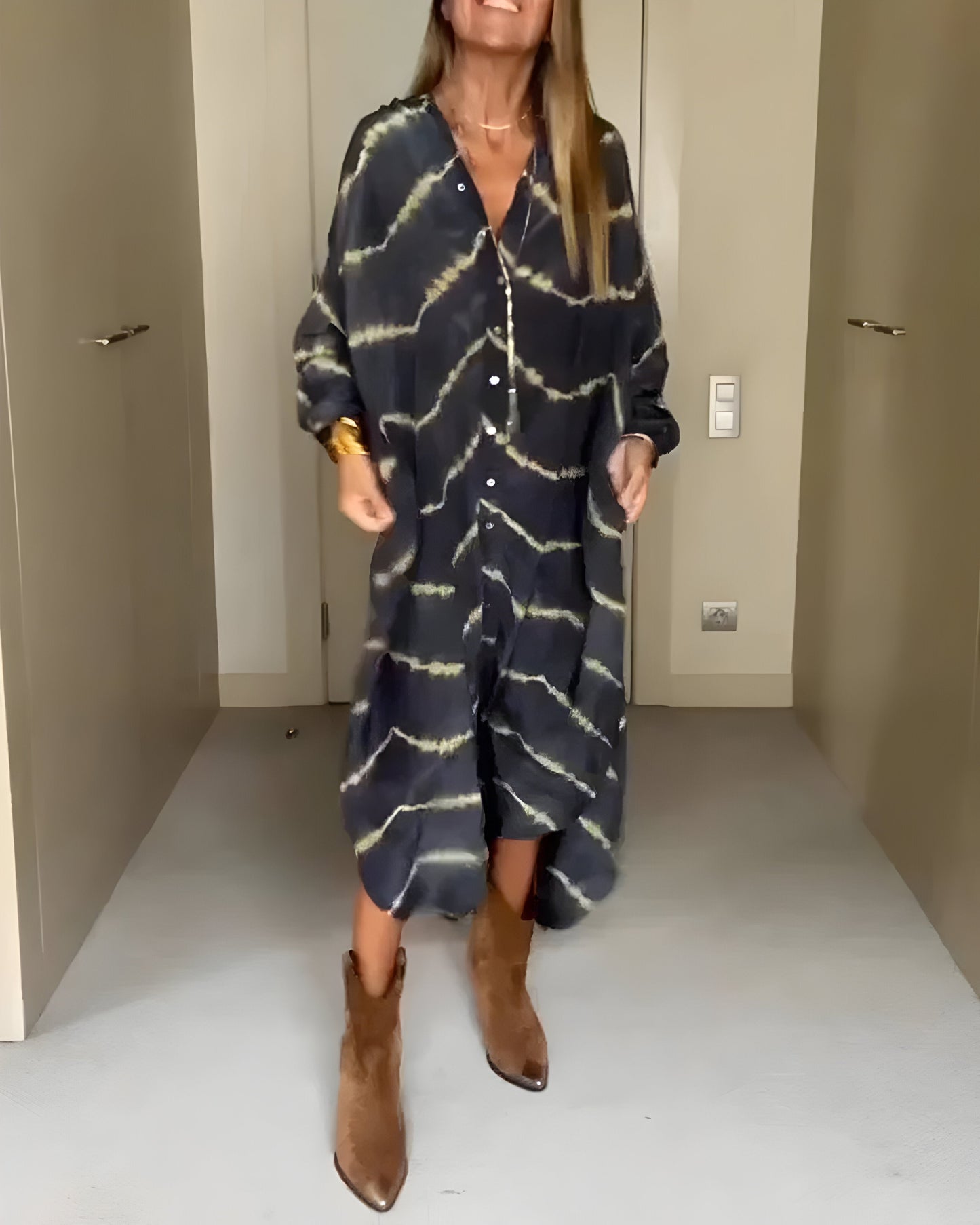 Women's Bohemian Maxi Dress with V-Neck and Long Sleeves for Summer