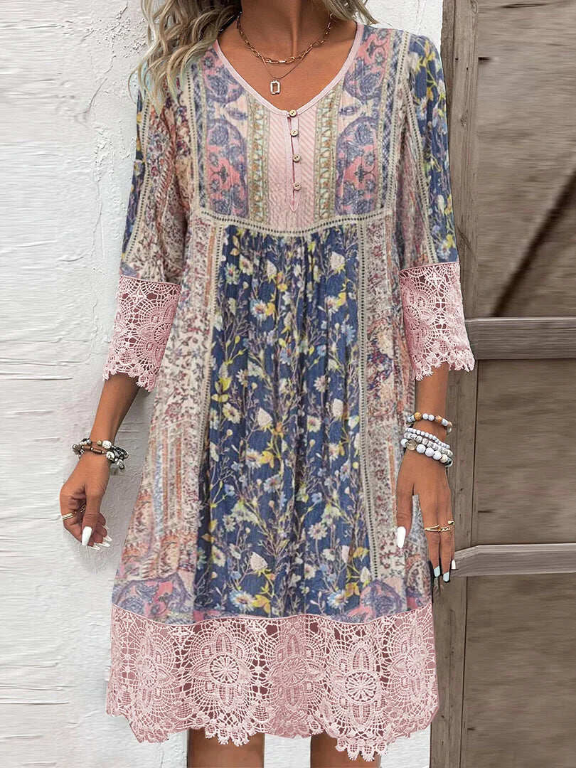 Women's Boho Floral Summer Dress with Crochet Lace and Functional Buttons