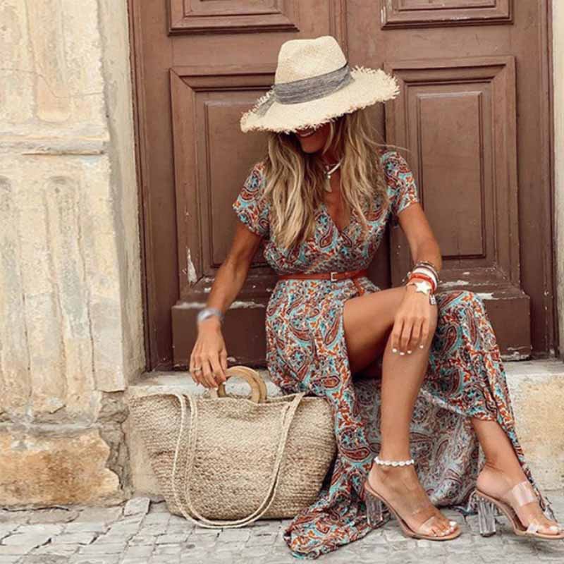 Women's Boho Maxi Dress with V-Neckline and Paisley Print for Summer