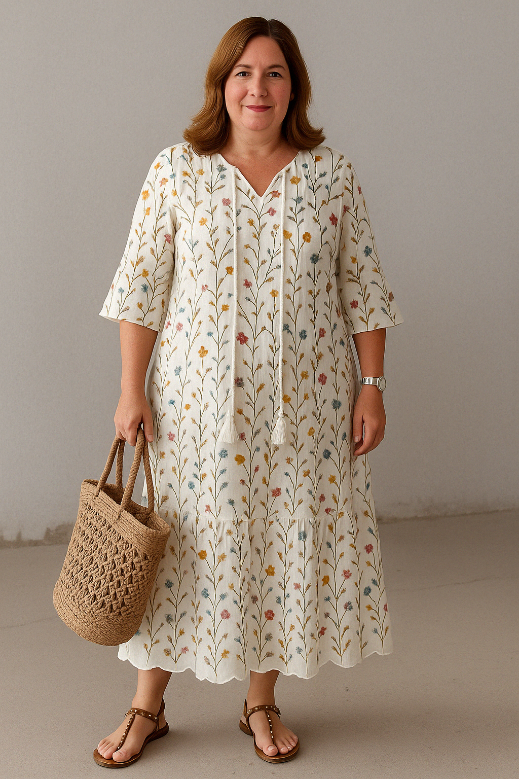 Women's Boho Midi Dress with Tummy Coverage and Split Neckline