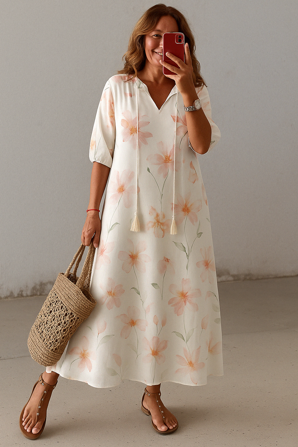 Women's Boho Midi Dress with Tummy Coverage and Split Neckline