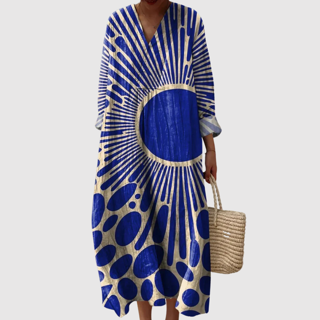Women's Bold Maxi Dress with Eclipse Print and V-Neckline