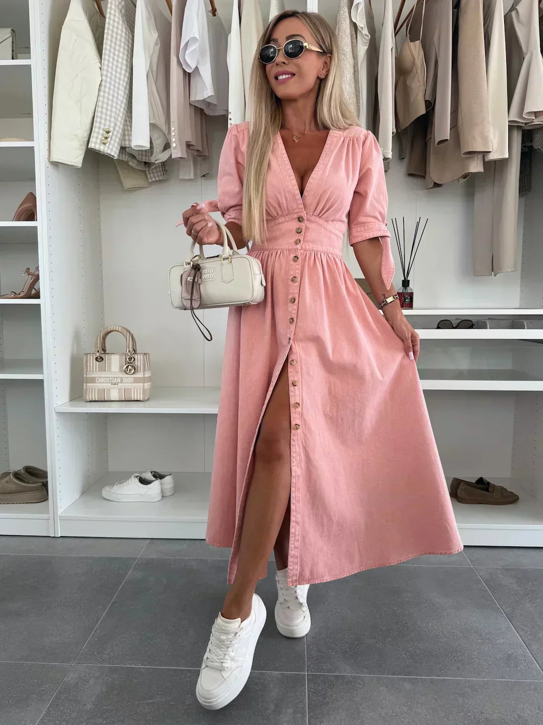 Women's Casual Denim Dress with Unique Sleeve Details
