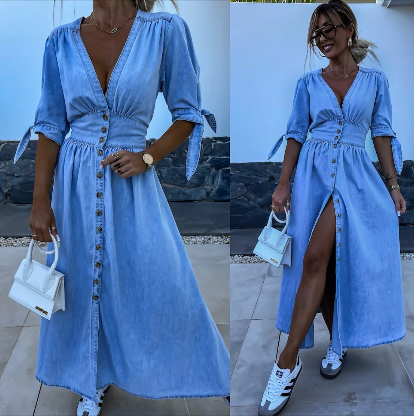 Women's Casual Denim Dress with Unique Sleeve Details