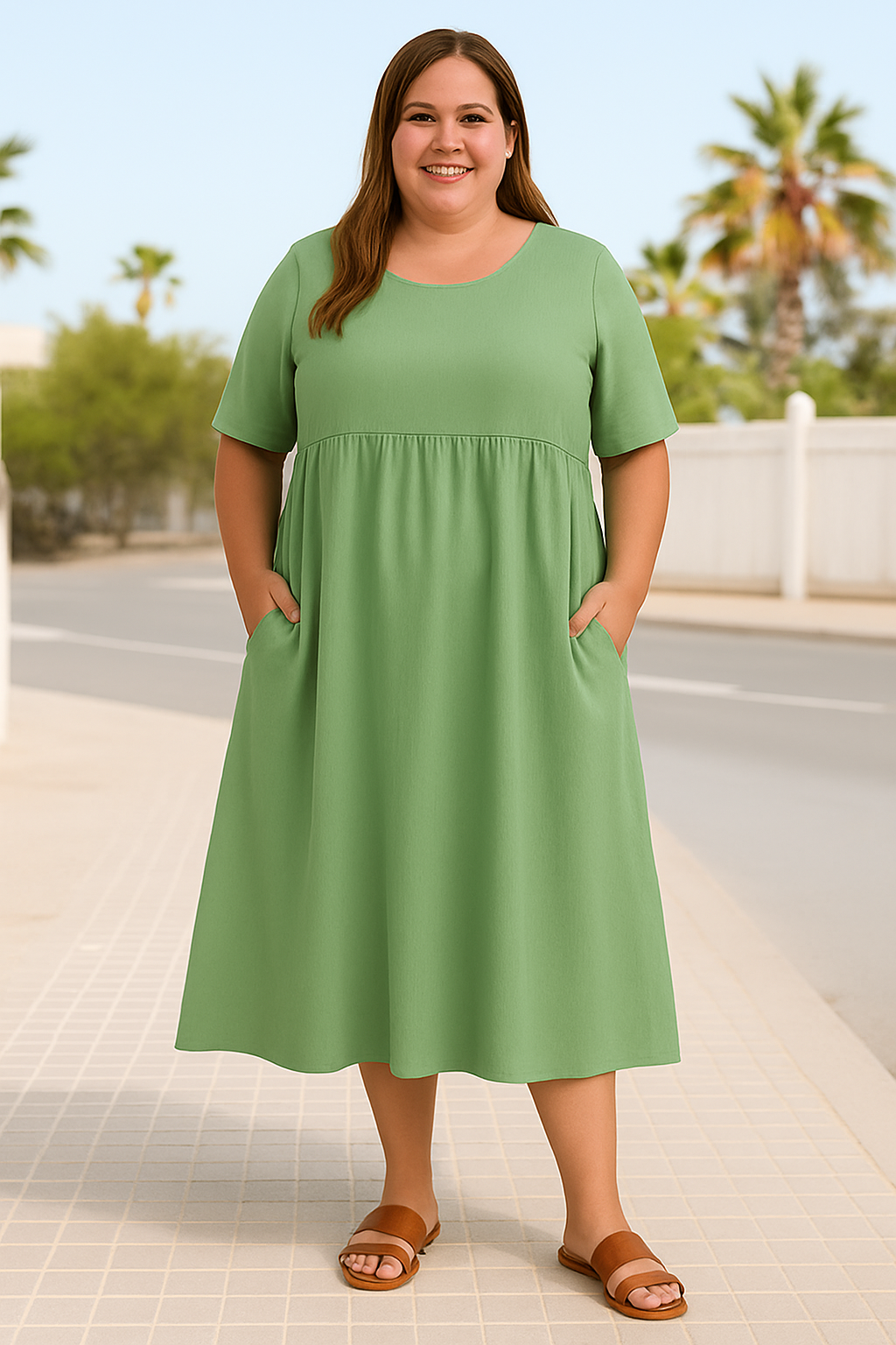 Women's Casual Loose Midi Dress with Tummy Coverage and Side Pockets