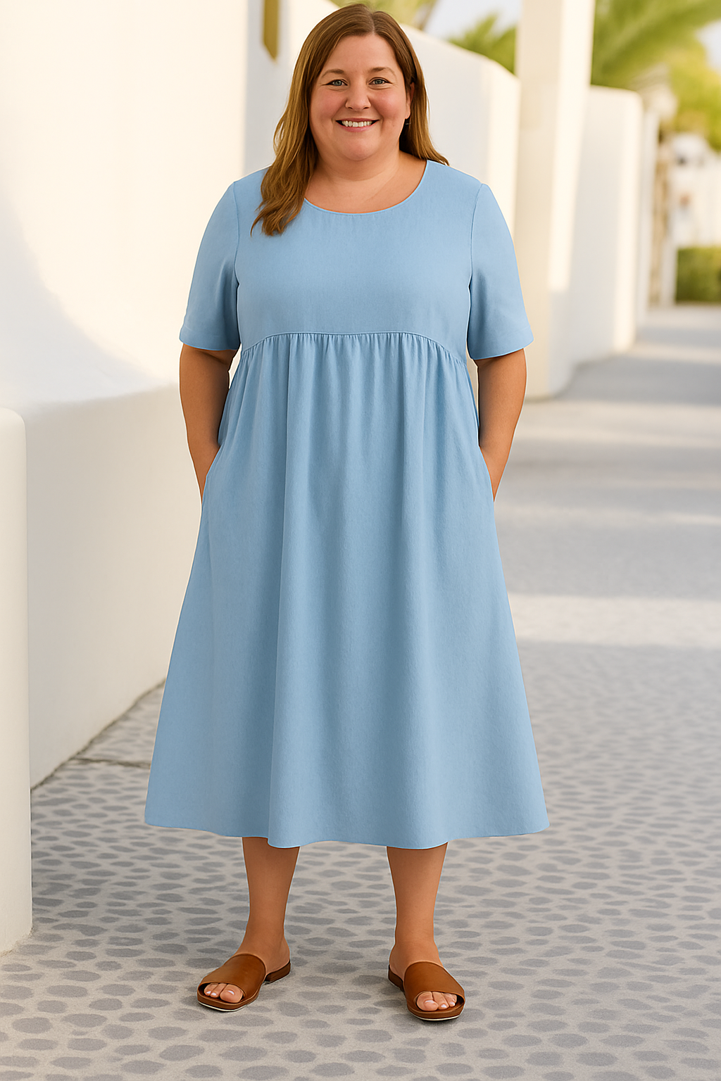 Women's Casual Loose Midi Dress with Tummy Coverage and Side Pockets