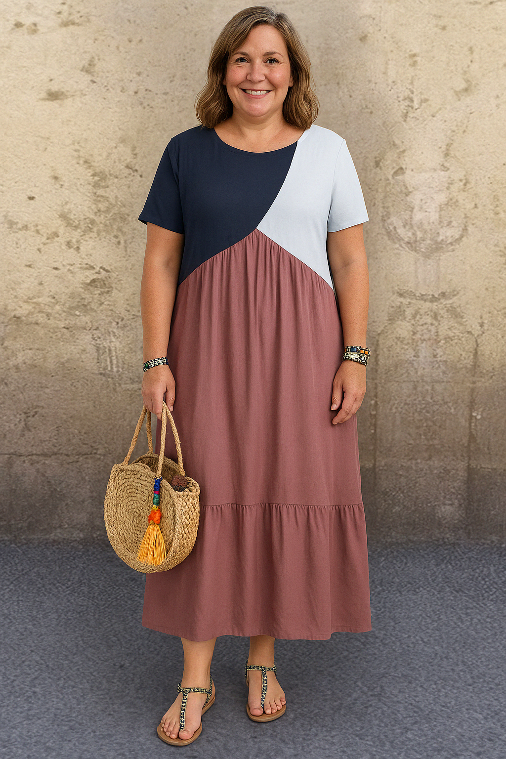 Women's Casual Midi Dress with Colourblock Design and Gathered Waist