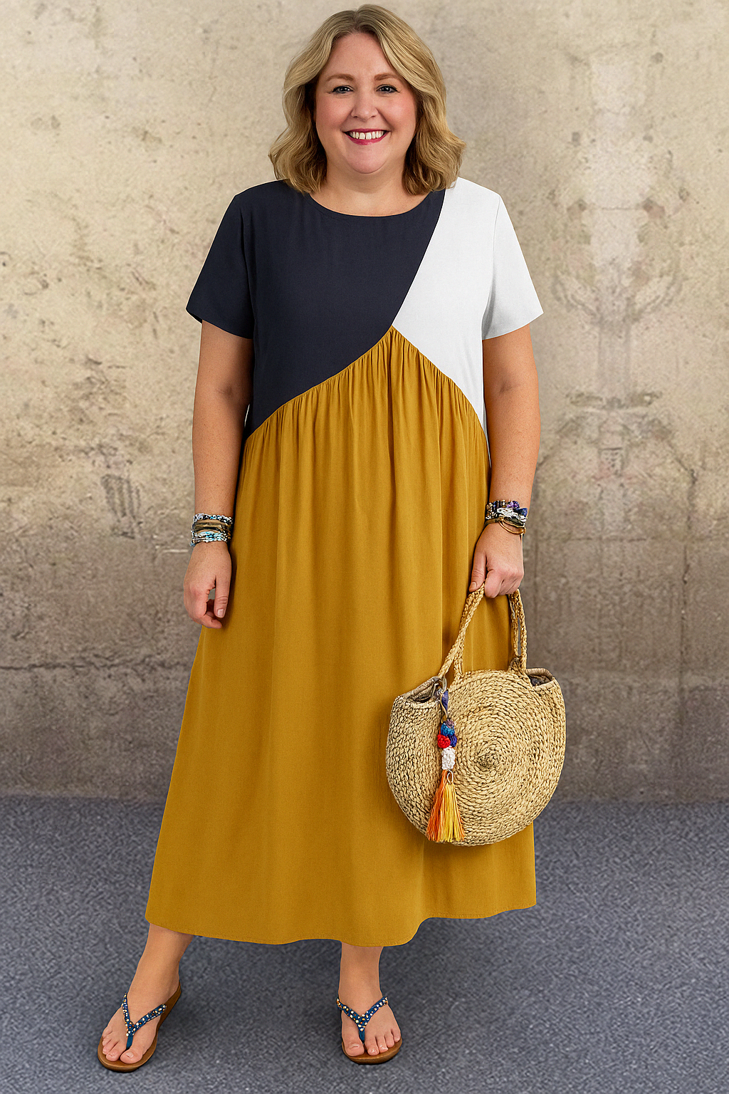 Women's Casual Midi Dress with Colourblock Design and Gathered Waist