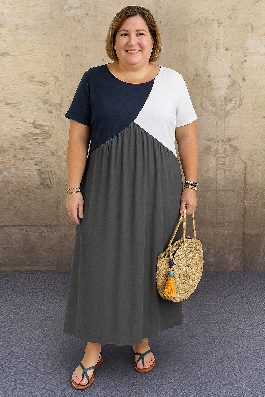 Women's Casual Midi Dress with Colourblock Design and Gathered Waist