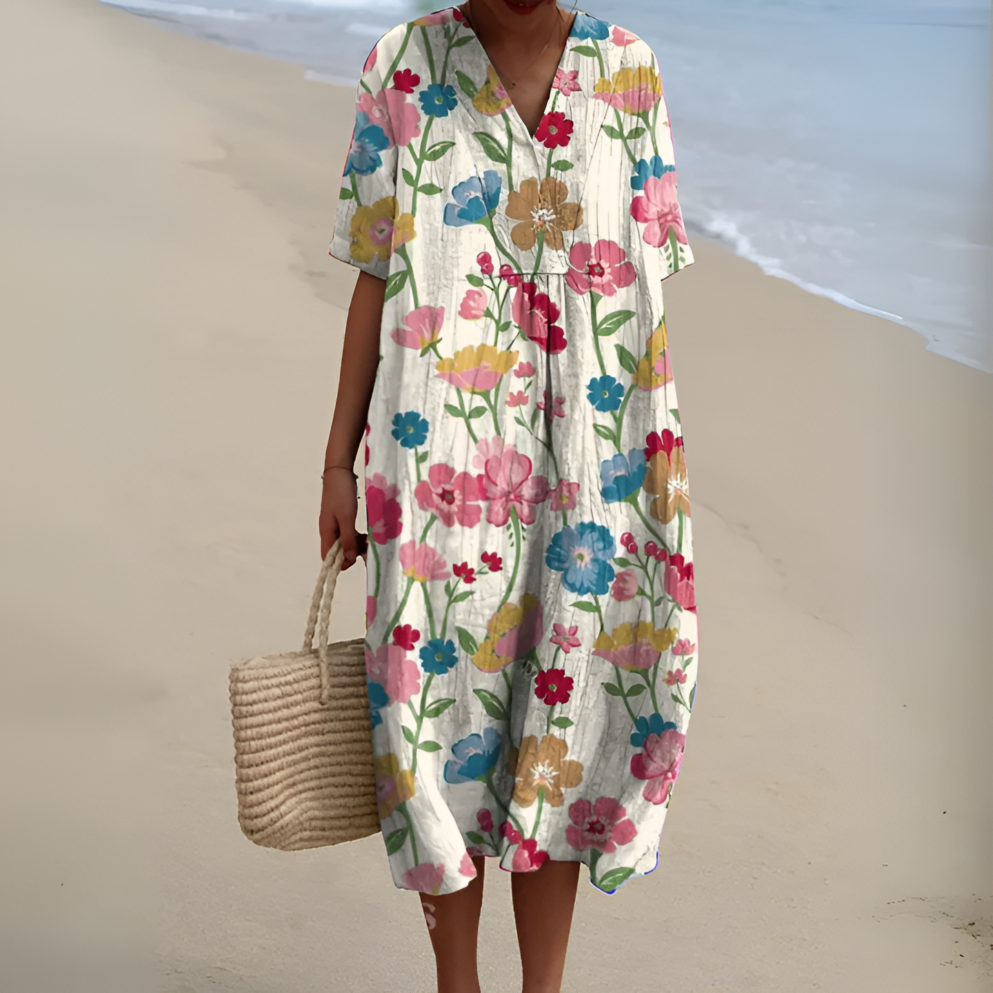 Women's Casual Midi Dress with Floral Print