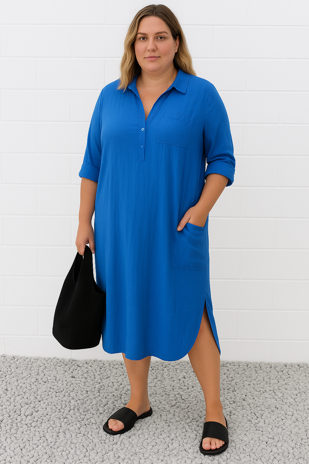Women's Casual Midi Dress with Half-Button Neckline and Side Slit