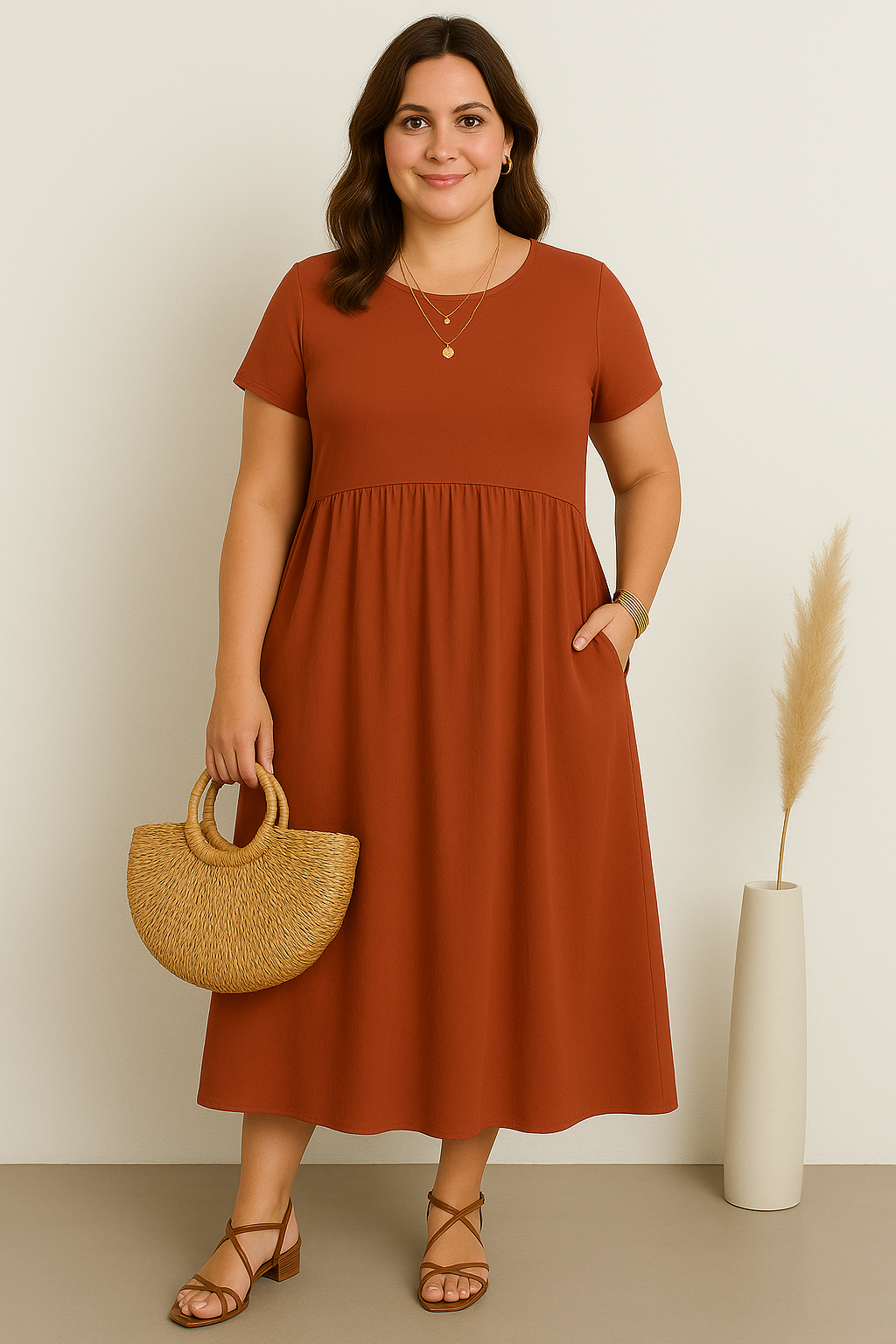 Women's Casual Tummy Covering Midi Dress with Side Pockets