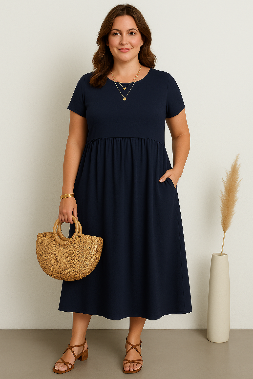 Women's Casual Tummy Covering Midi Dress with Side Pockets