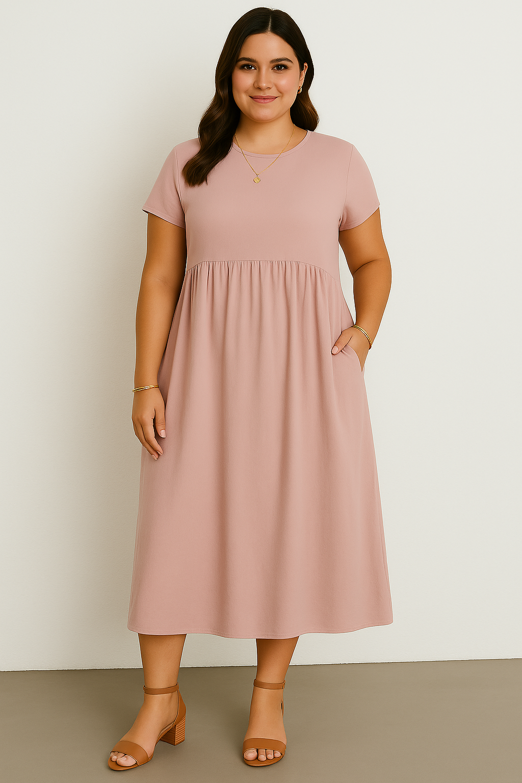Women's Casual Tummy Covering Midi Dress with Side Pockets