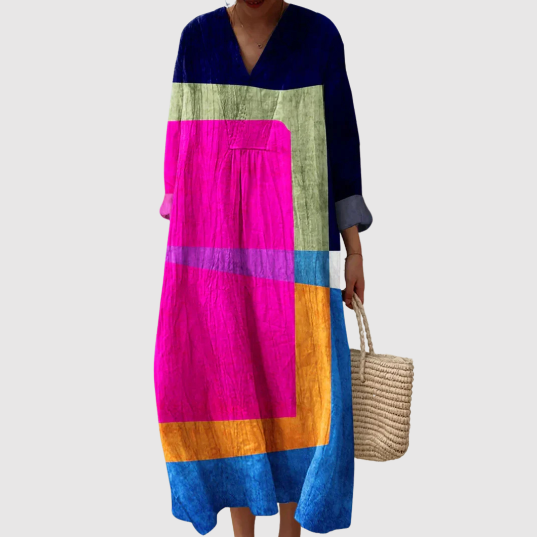 Women's Colorblock Maxi Dress with V-Neckline and Long Sleeves