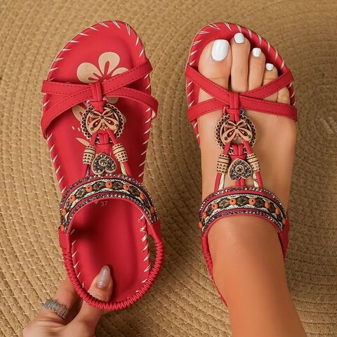 Women's Comfortable Flat Sandals with Boho Design and Cushioned Footbed