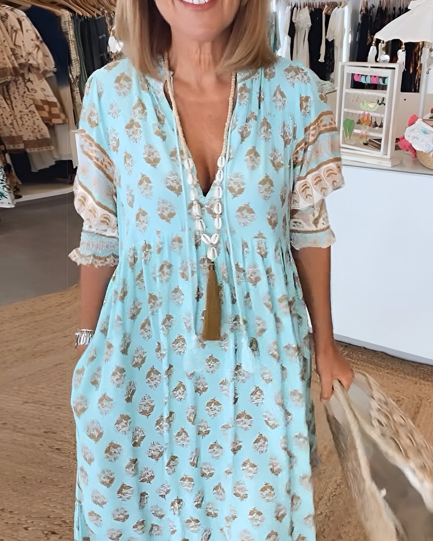 Women's Comfortable Summer Dress with V-Neckline and Floral Pattern