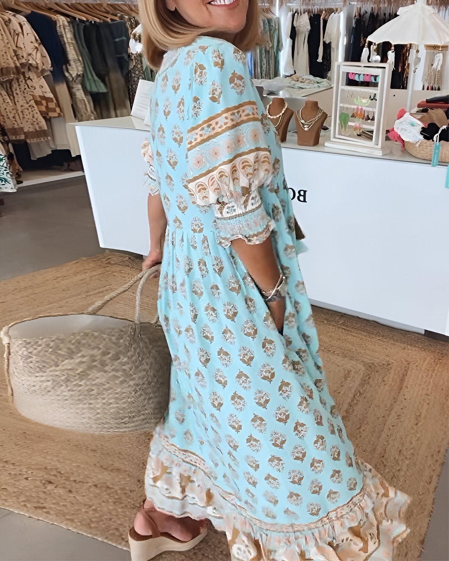 Women's Comfortable Summer Dress with V-Neckline and Floral Pattern