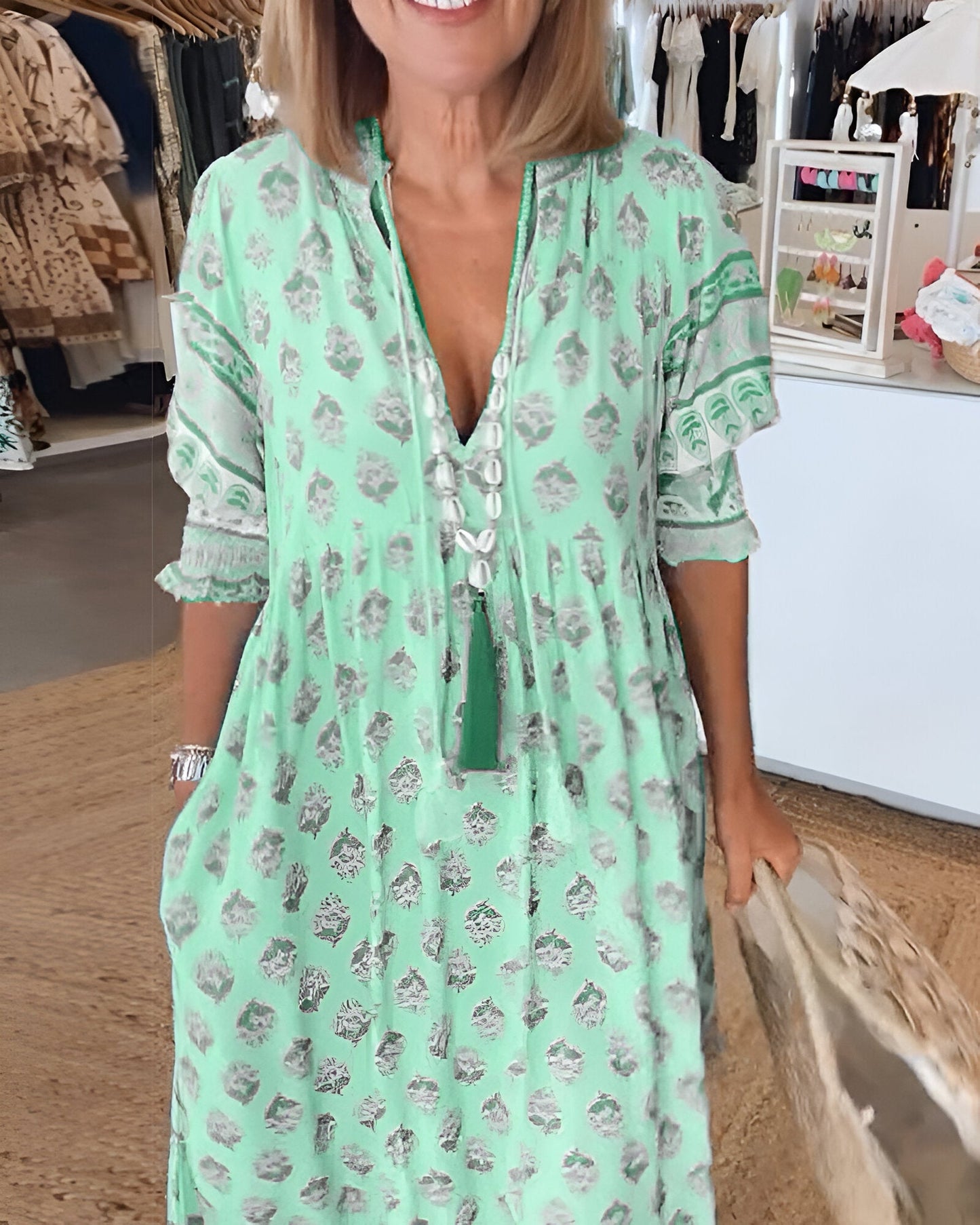 Women's Comfortable Summer Dress with V-Neckline and Floral Pattern