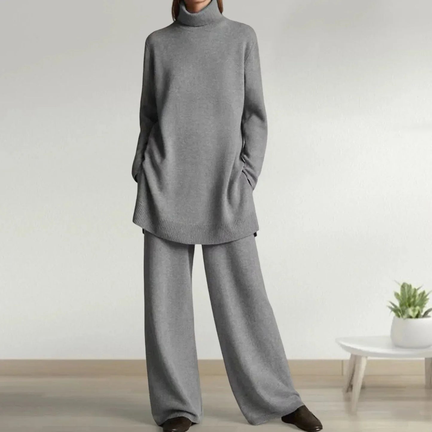 Women's Comfortable Two-Piece Suit Set with Knitted Sweater and Wide-Leg Pants