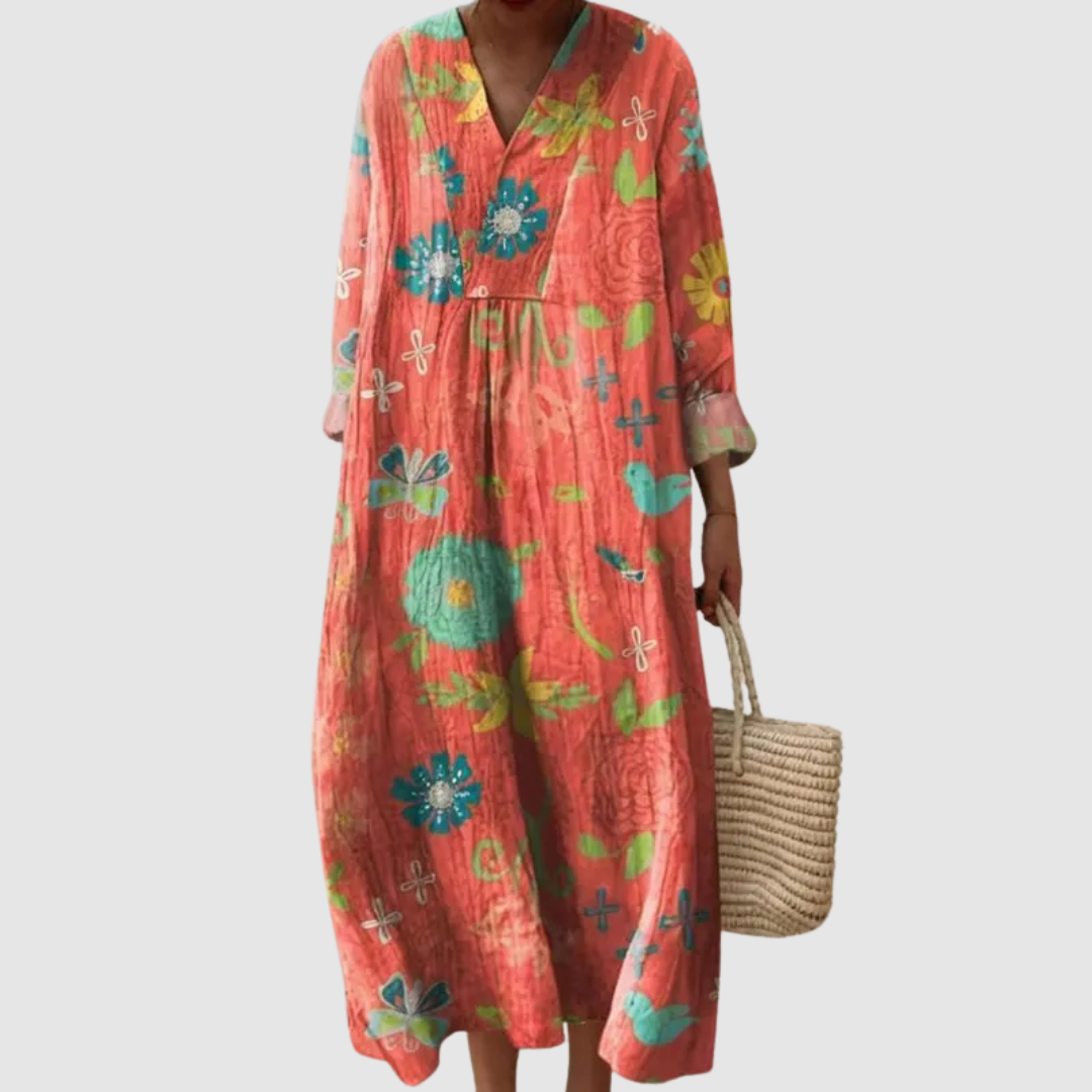 Women's Floral Maxi Dress with Long Sleeves and V-Neckline
