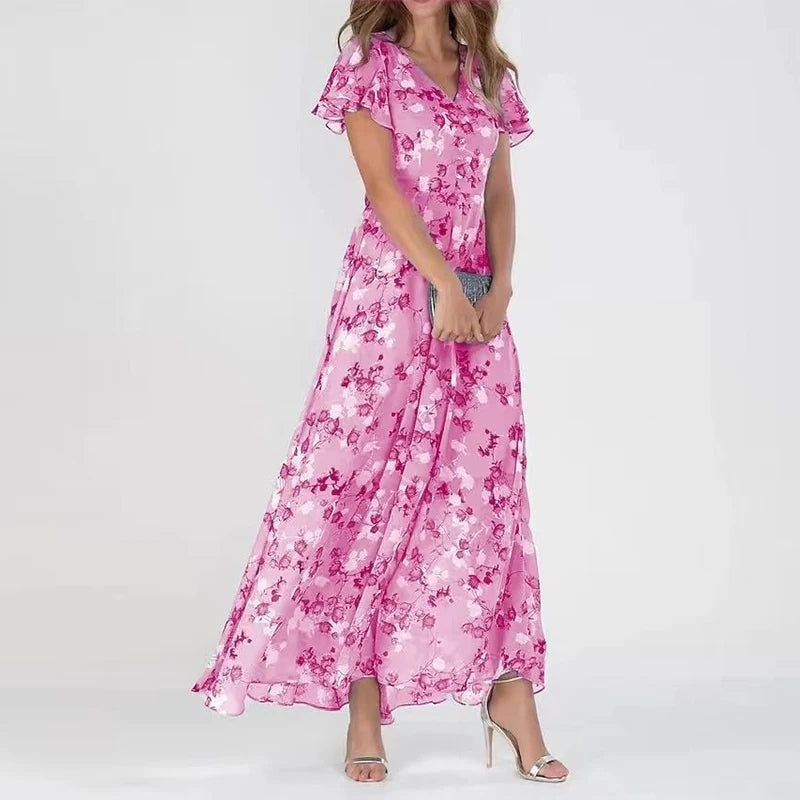 Women's Floral Maxi Dress with Ruffle Sleeves for Summer Occasions