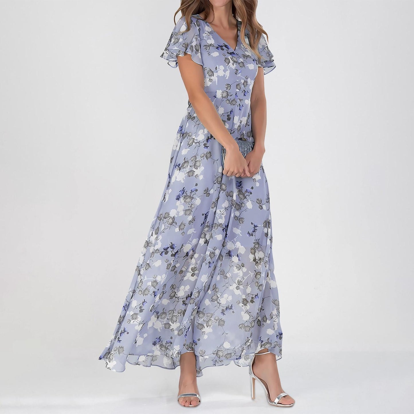 Women's Floral Maxi Dress with Ruffle Sleeves for Summer Occasions