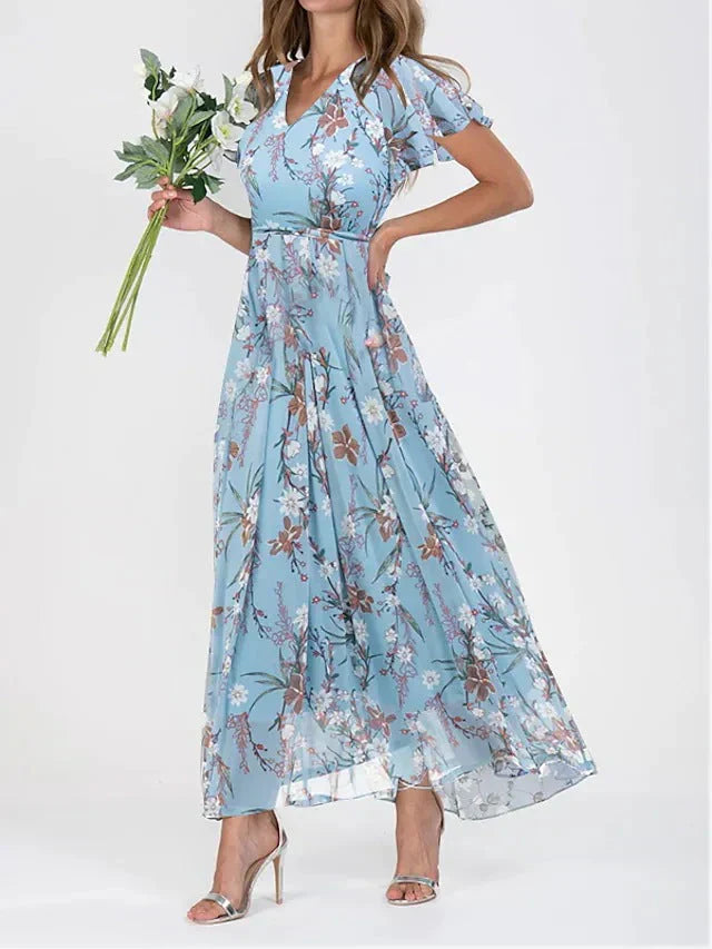 Women's Floral Maxi Dress with Ruffle Sleeves for Summer Occasions