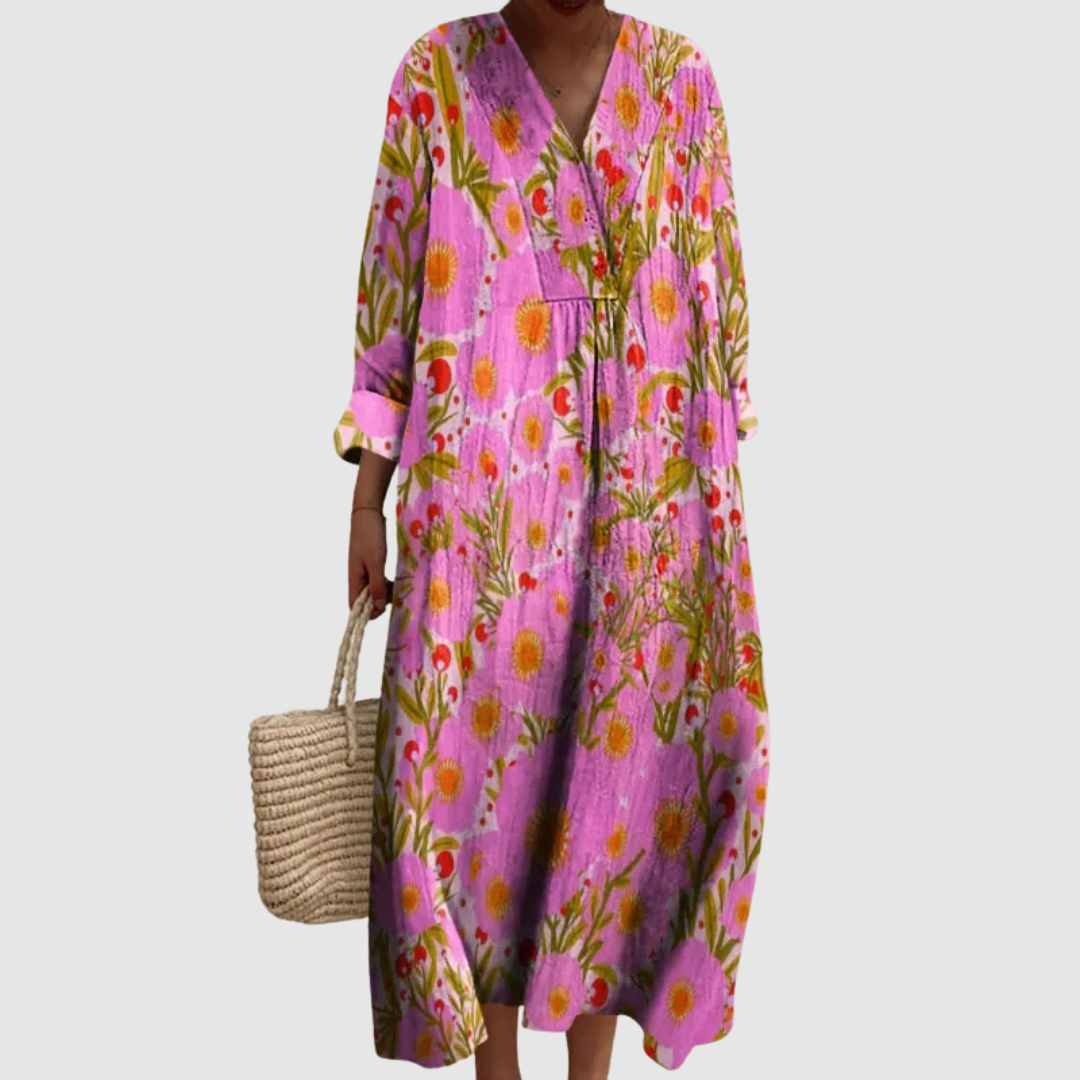 Women's Floral Maxi Dress with V-Neck and Long Sleeves