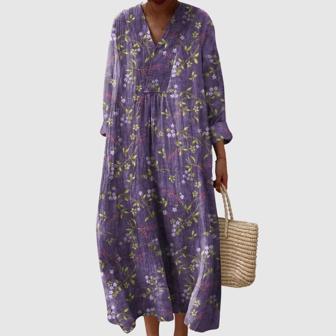 Women's Floral Maxi Dress with V-Neckline and Long Sleeves