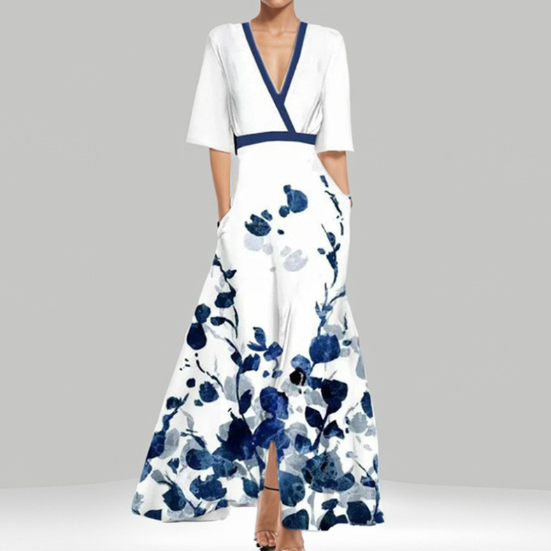 Women's Floral Maxi Dress with V-Neckline and Wide Sleeves for Summer Events