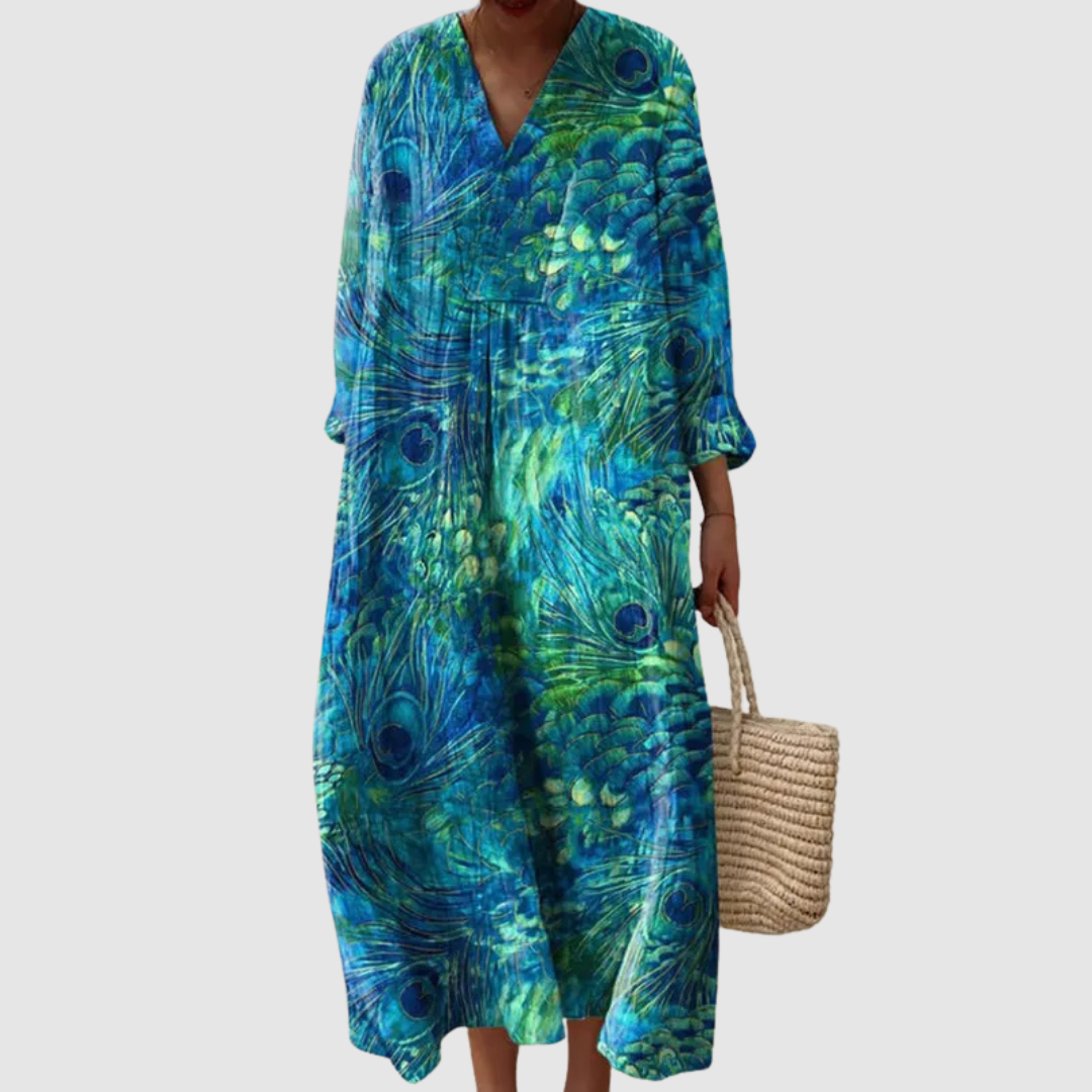 Women's Flowing Maxi Dress with V-Neckline and Long Sleeves