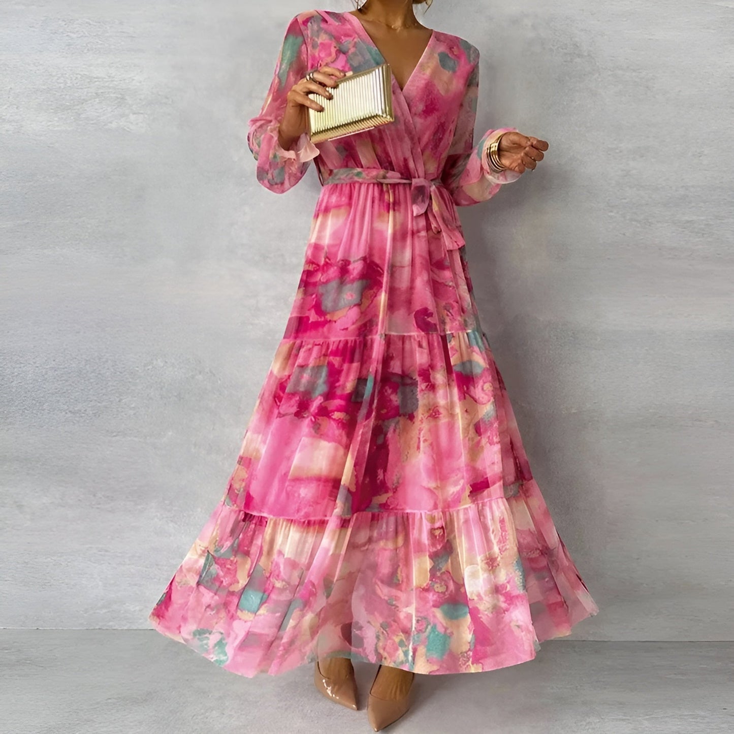 Women's Flowing Maxi Dress with Wrap Design for Summer Occasions