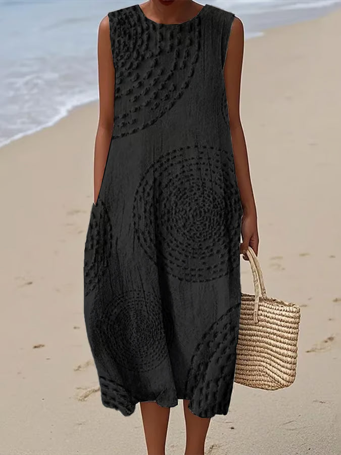 Women's Flowy Midi Dress with Embroidered Floral Design and Side Pockets