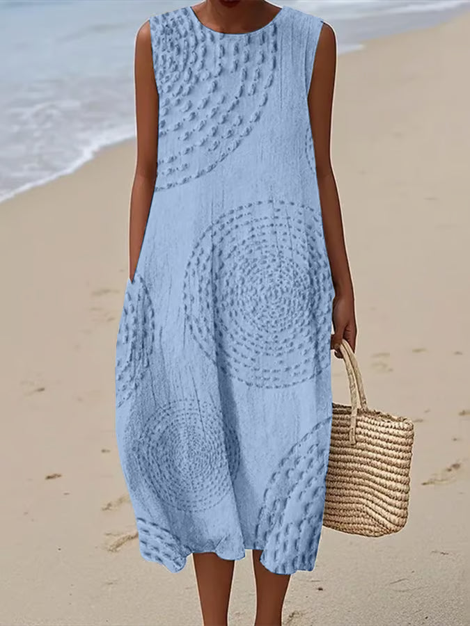 Women's Flowy Midi Dress with Embroidered Floral Design and Side Pockets