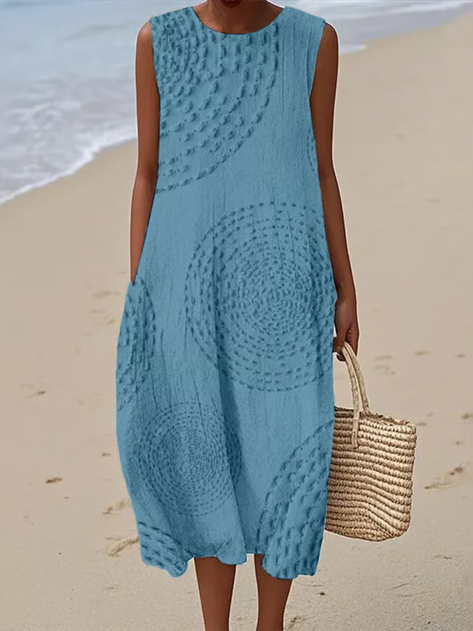 Women's Flowy Midi Dress with Embroidered Floral Design and Side Pockets