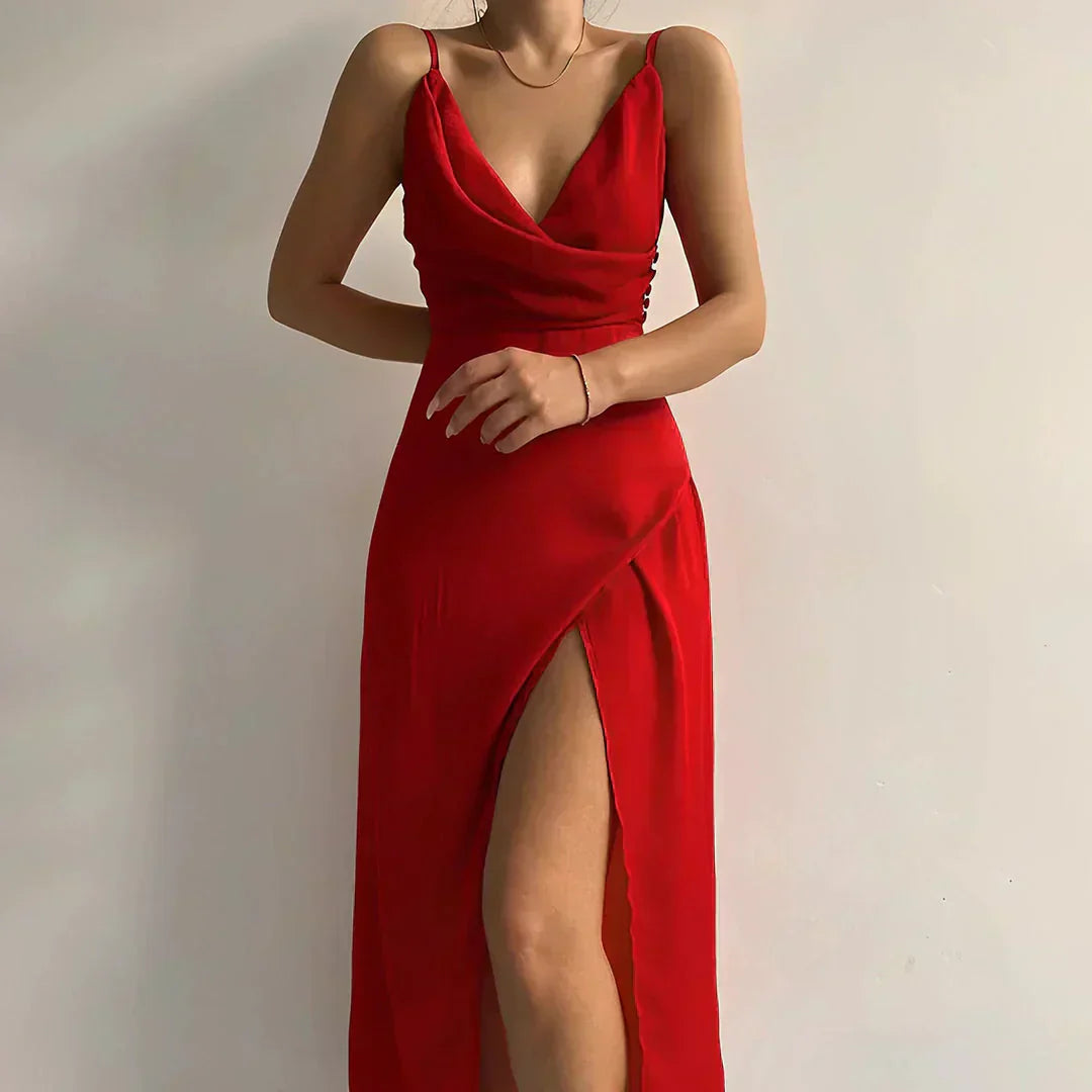 Women's Formal Satin Dress with Waterfall Neckline and Side Slit