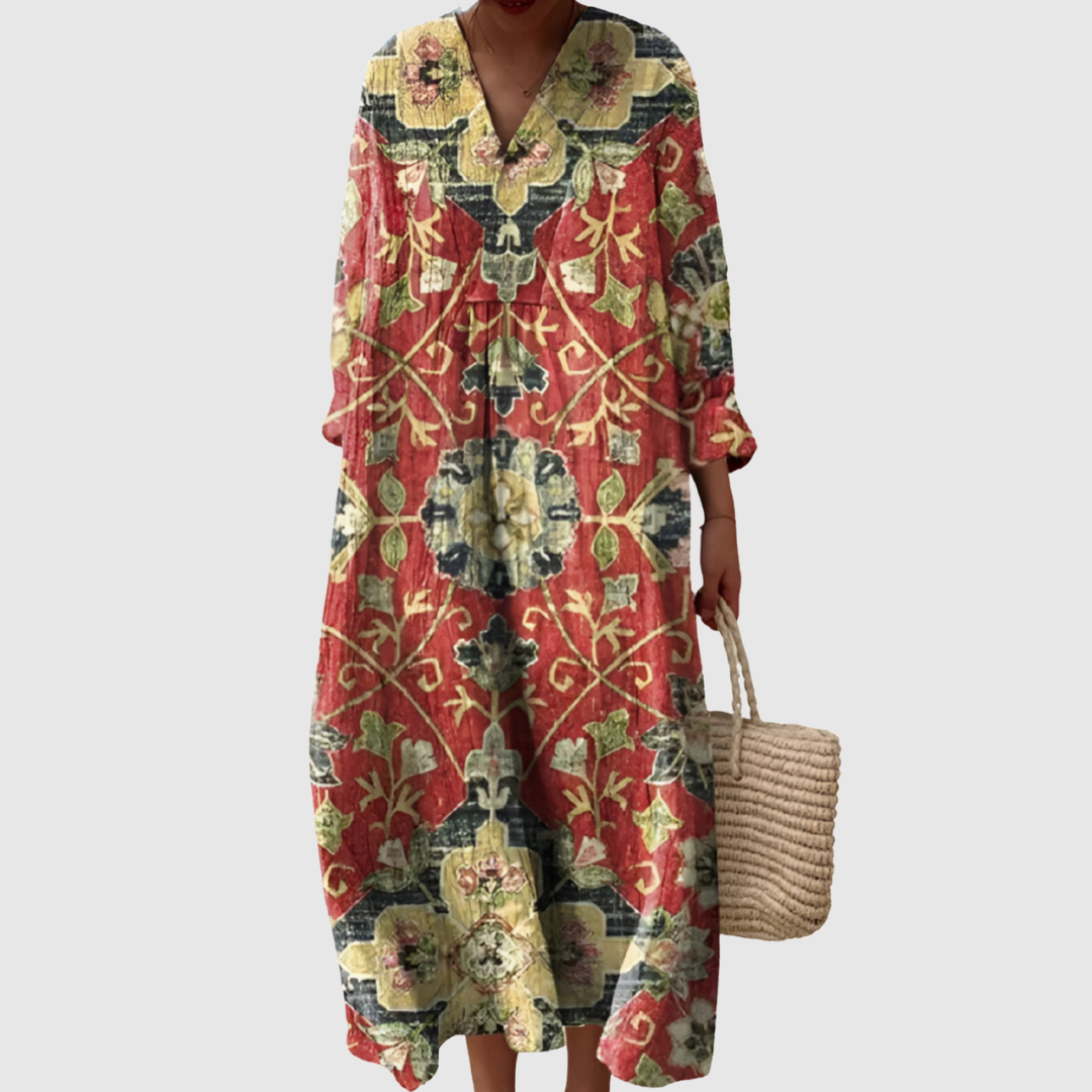 Women's Long Sleeve Dress with Tapestry Print and V-Neckline