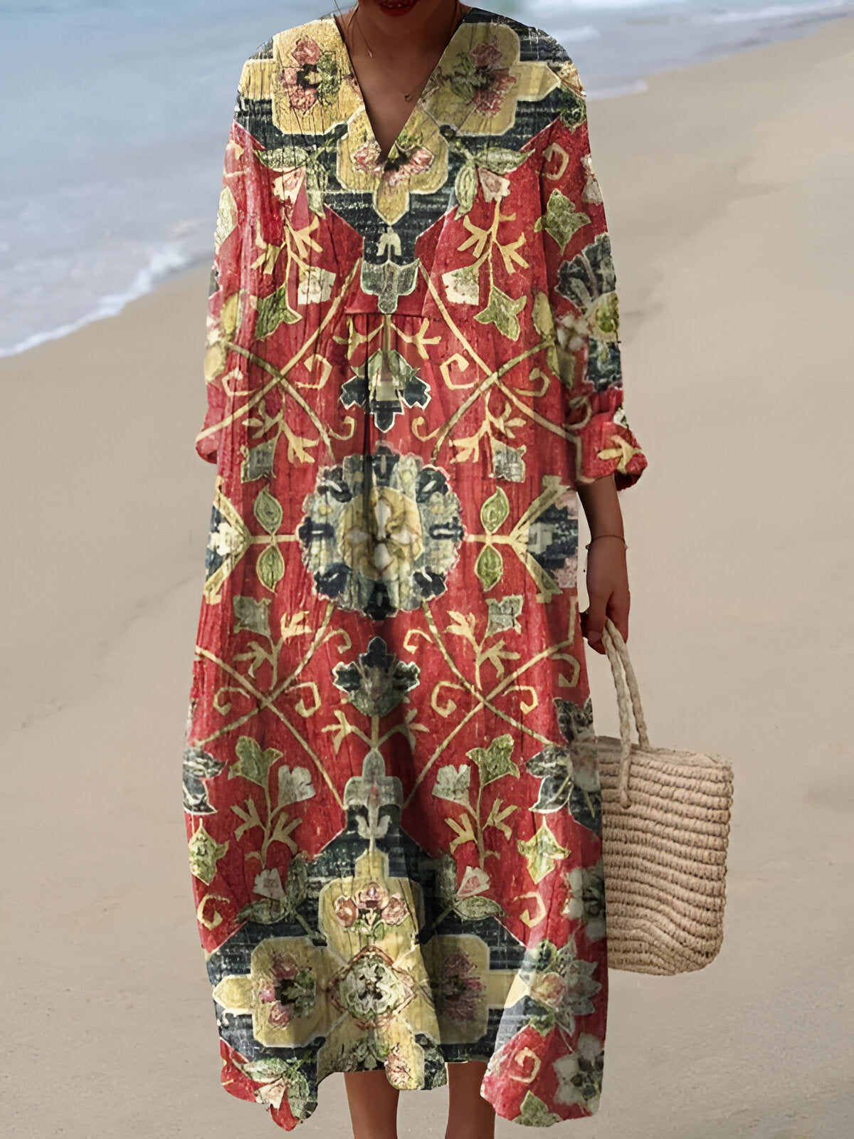Women's Long Sleeve Dress with Tapestry Print and V-Neckline